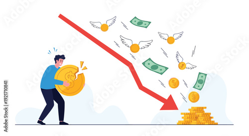 Stressed man trying to hold onto a broken coin as financial charts fall and money flies away during an economic crisis.