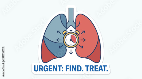 Human Lungs with Alarm Clock for Urgent Tuberculosis Diagnosis & Treatment, a Global Public Health Awareness Campaign in Modern Flat Line Art Vector, Isolated on White.