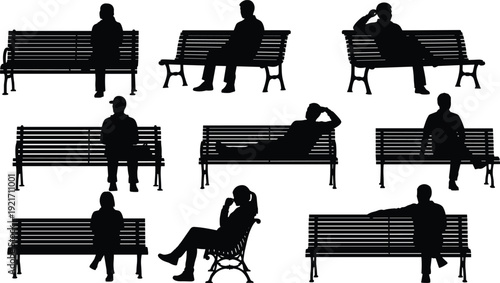 People sitting on park bench silhouette set, men and women relaxing outdoors isolated on white background vector