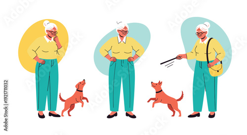 Series of illustrations showing an elderly woman interacting with her small brown dog in different playful poses.