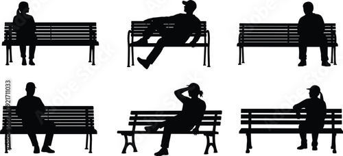 People sitting on park bench silhouette collection, men and women relaxing outdoors isolated on white background vector