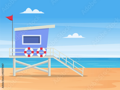 Lifeguard booth on the beach landscape. Rescuers provide emergency aid, lifesaving. Vector stock
