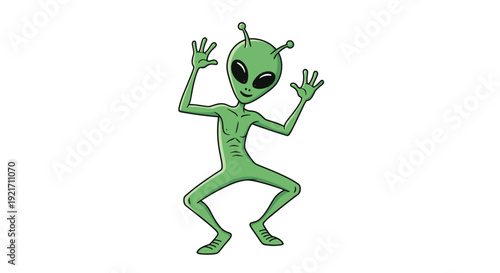 Friendly green extraterrestrial alien with large black eyes waving its hands in a fun and welcoming happy gesture.