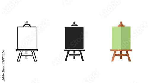 Clean and minimalist setup of three wooden easels holding blank canvases in white, black, and green, ideal for art, creativity, and design concepts.