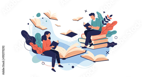 Man and woman enjoying their reading time while sitting on and amongst many large floating books and colorful leaves.