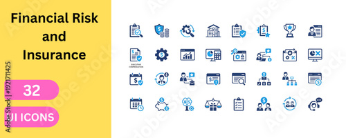 Corporate risk assessment and financial security icon collection. Features insurance policy, money protection, brain gear, and trophy symbols