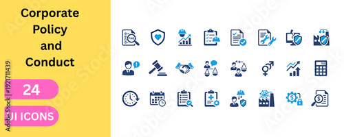 Corporate legal standards and workplace policy UI graphics. Includes document review, insurance shield, clipboard checklist, and human resources