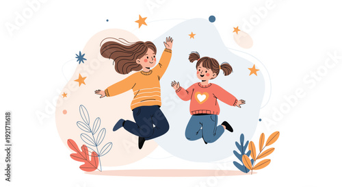 Joyful mother and her young daughter jump excitedly in the air against a background of stars and colorful leaves.