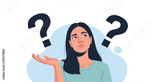 Thoughtful woman stands with a confused expression while large question marks float around her, depicting a difficult decision.