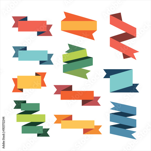 Collection of nine unique abstract colorful vector ribbon banners with dynamic folds and angles