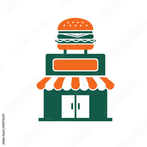 Stylized illustration of a fastfood restaurant with a large burger sign