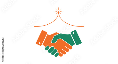 Stylized orange and green handshake with rising curved lines meeting at a spark