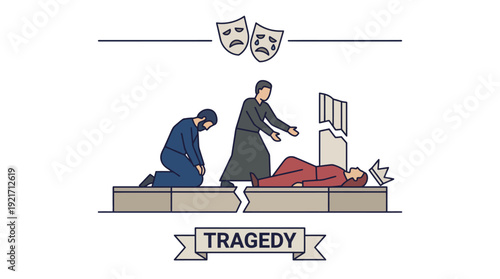 Theatre masks and play characters, crying mask with grieving figures and fallen king on broken stage for dramatic tragedy performance art, flat outline design, muted palette, vector illustration.