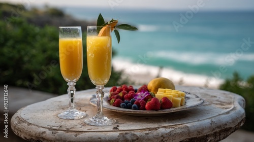 Tropical Mimosa Brunch by the Ocean: Sparkling Drinks with Fresh Fruits