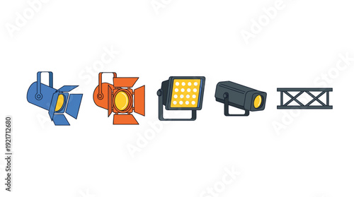 Theatre Stage Lighting Equipment Icons: Spotlights, LED Panel, Truss Elements for Live Shows & Events, Modern Flat Vector Design Set.