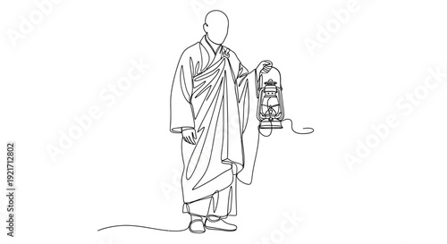 Buddhist monk holding a lantern, spiritual enlightenment, seeking truth, meditation, peaceful journey