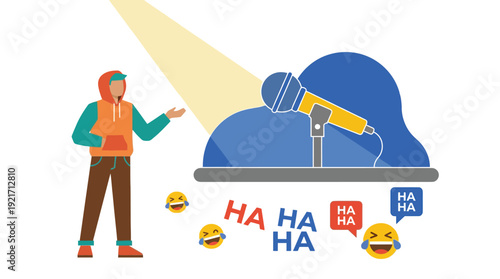 Stand-up Comedian performing on stage with microphone under spotlight, laughter, Comedy Theatre Entertainment, Vibrant Flat Vector Digital Illustration.