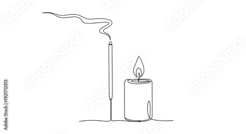 Single Line Drawing of Burning Candle and Incense Stick with Smoke