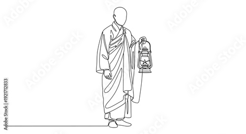 Monk Holding Lantern Line Drawing
