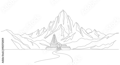 Mountain Temple Line Art - Sacred Mountain Landscape with Ancient Shrine