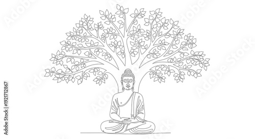 Buddha Meditating Under Bodhi Tree, Peaceful Enlightenment, Zen Buddhism Art