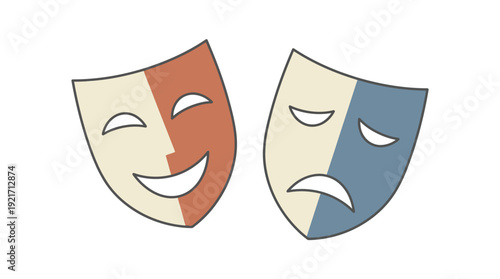 Comedy Tragedy Theatre Masks Paired Opposing Expressions Drama Performance Emotion Flat Vector Muted Colors Illustration Isolated White Background