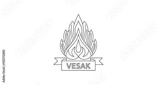 Vesak Day Symbol: Flame and Banner Line Art - Buddhist Holiday Icon