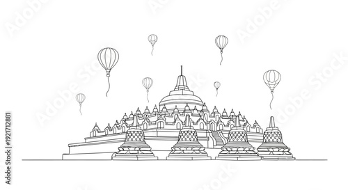 Minimalist Line Art of Borobudur Temple with Hot Air Balloons