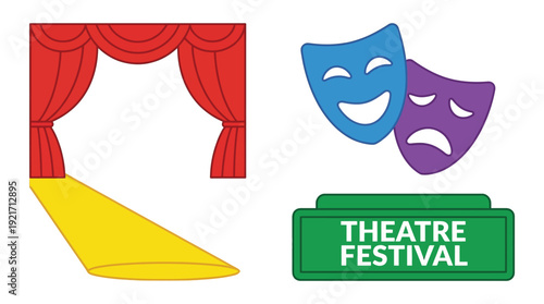 Theatre Icons Set: Red Curtains, Masks, Spotlight, Festival Sign. Performing Arts Concept, Flat Cartoon Colorful Design Vector Illustration.