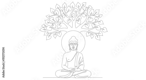 Buddha Meditation Under Bodhi Tree Outline Graphic