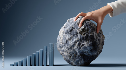 Hand Pushing a Large Stone Sphere Against Bar Graph