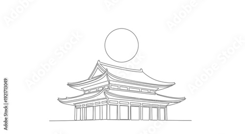 Minimalist Korean Palace Architecture with Sun Icon, Line Art Drawing