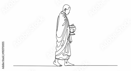 Buddhist Monk Walking, Alms Bowl, Line Art, Spirituality, Religion, Asia