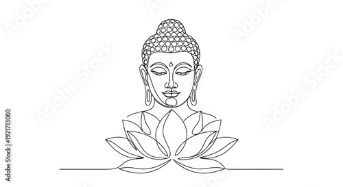 Buddha Face Line Art with Lotus Flower Outline, Minimalist Zen Art