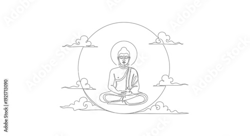 Zen Buddha Meditation Drawing, Enlightenment, Serenity, Clouds, Circular Aura