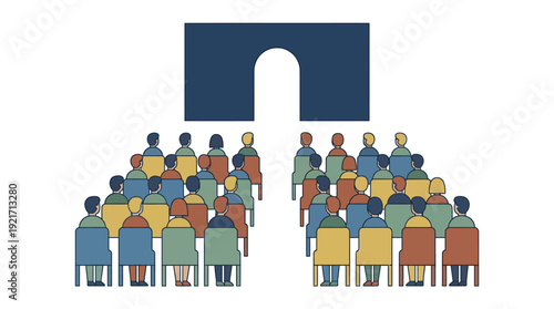 Audience seated in rows watching stage archway for a live theatre show. Minimal flat design, muted colors. Vector isolated illustration.