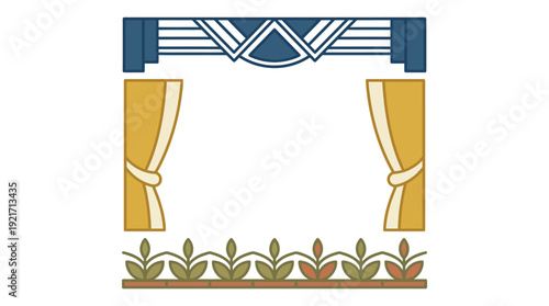 Classic Theatre Stage Frame with Golden Curtains, Blue Valance, and Green Leafy Border - Performance & Arts Vector Illustration with Copy Space