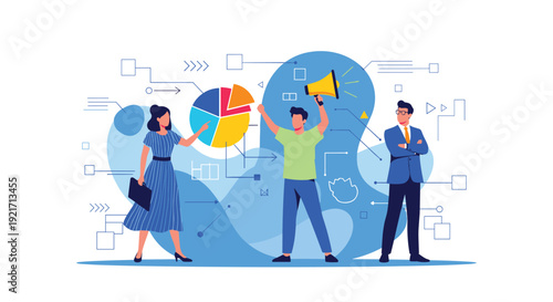 Diverse business team analyzes a colorful pie chart while a colleague uses a megaphone to communicate important strategies.