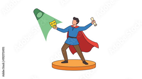 Male Performer on Stage Holding Theatre Mask and Script under Spotlight, Representing Acting and Drama, Modern Flat Design Colorful Vector, Isolated.