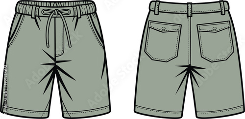 Casual drawstring shorts vector with front and back views, summer fashion technical flat illustration design