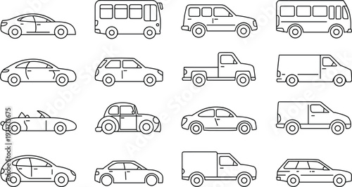 Car and vehicle icon set, line art sedan, SUV, truck, van, convertible and bus silhouettes, vector automotive transport icons for web and apps