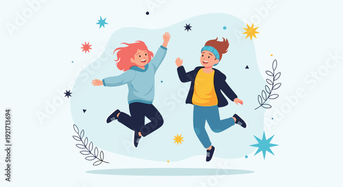 Two happy young girls jump high in the air with joyful expressions surrounded by colorful stars and decorative plants.