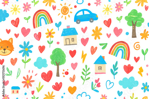 Cute Kids Doodle Seamless Pattern with Rainbows, Hearts, Flowers, Houses and Cartoon Elements