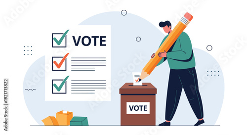 Man uses a giant pencil to mark his ballot before placing it into a wooden box, emphasizing the importance of voting.