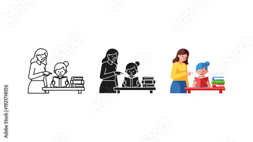 Bright and engaging flat design vector illustration of children learning with a teacher at a school table, ideal for education, teaching, and back-to-school materials.