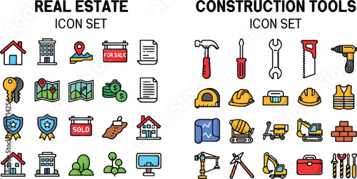 Real Estate and Construction Icon Set: A comprehensive collection of vibrant icons representing real estate and construction tools.