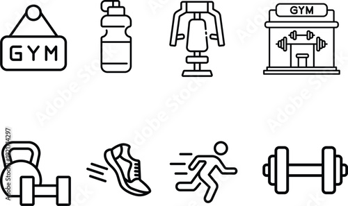 Collection of gym and fitness icons including a gym sign, water bottle, weight machine, gym building, kettlebell, running shoe, running silhouette, and dumbbell for workout and exercise representation