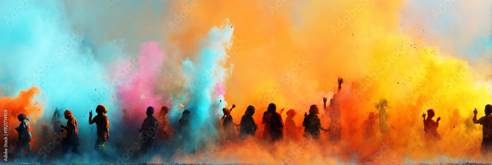 Fototapeta premium Groups of people engage in a fun Holi celebration with colorful powders flying in the air. The scene is lively and filled with laughter, creating a joyful and festive atmosphere