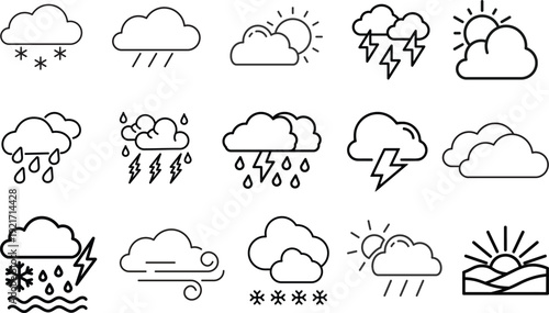 A collection of weather forecast icons, including sun, rain, snow, storms, lightning, clouds, wind, and sunrise, perfect for digital and print applications
