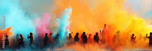 Groups of people engage in a fun Holi celebration with colorful powders flying in the air. The scene is lively and filled with laughter, creating a joyful and festive atmosphere